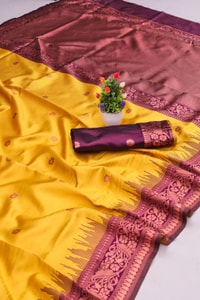 Mustard Yellow Banarasi Soft Silk Saree with Contrast Wine Border and Copper Zari Pallu  in Surat