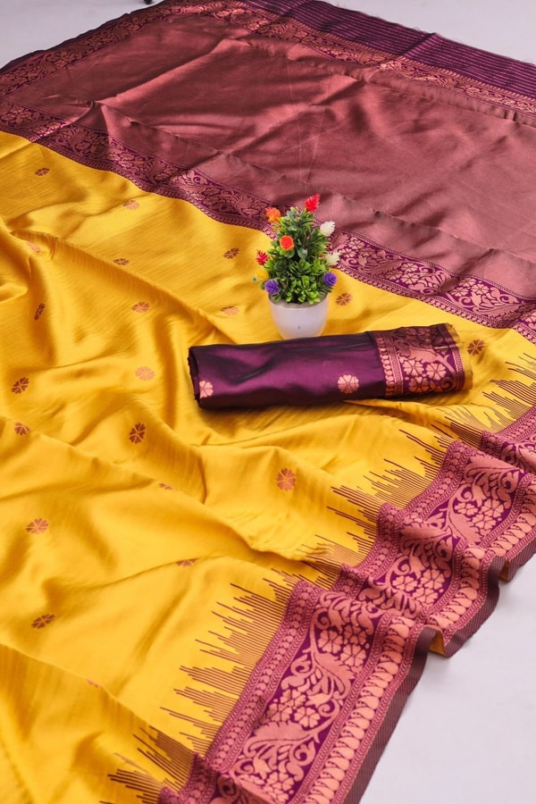 Mustard Yellow Banarasi Soft Silk Saree with Contrast Wine Border and Copper Zari Pallu  in Surat