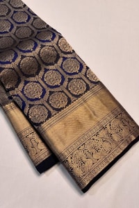 Navy Blue Banarasi Soft Silk Saree with Antique Gold Zari Medallion Jaal and Wide Border  in Surat