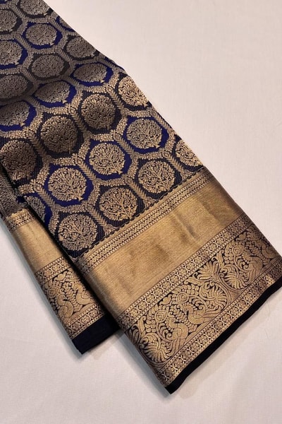 Navy Blue Banarasi Soft Silk Saree with Antique Gold Zari Medallion Jaal and Wide Border in Surat
