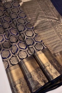 Navy Blue Banarasi Soft Silk Saree with Antique Gold Zari Medallion Jaal and Wide Border  in Surat