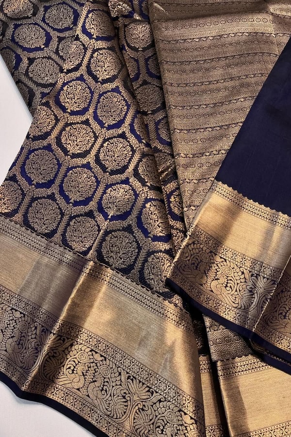 Navy Blue Banarasi Soft Silk Saree with Antique Gold Zari Medallion Jaal and Wide Border  in Surat