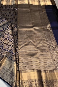 Navy Blue Banarasi Soft Silk Saree with Antique Gold Zari Medallion Jaal and Wide Border  in Surat