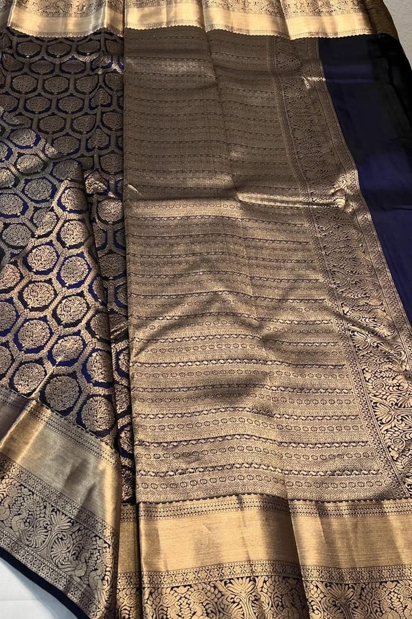 Navy Blue Banarasi Soft Silk Saree with Antique Gold Zari Medallion Jaal and Wide Border  in Surat