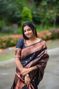 Navy Blue Banarasi Soft Silk Saree with Copper Zari Buttis and Heavy Rose-Gold Pallu  in Surat