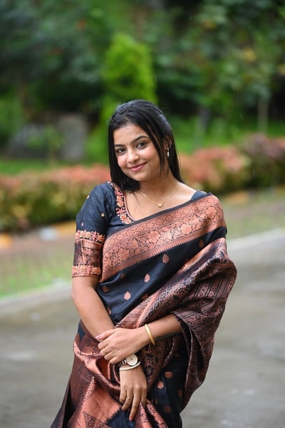 Navy Blue Banarasi Soft Silk Saree with Copper Zari Buttis and Heavy Rose-Gold Pallu in Surat