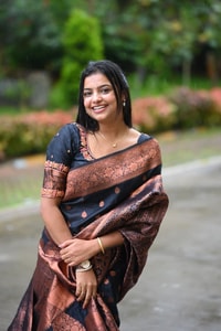 Navy Blue Banarasi Soft Silk Saree with Copper Zari Buttis and Heavy Rose-Gold Pallu  in Surat