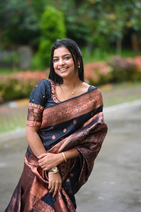 Navy Blue Banarasi Soft Silk Saree with Copper Zari Buttis and Heavy Rose-Gold Pallu  in Surat