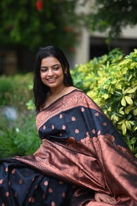 Navy Blue Banarasi Soft Silk Saree with Copper Zari Buttis and Heavy Rose-Gold Pallu  in Surat