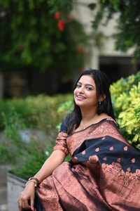 Navy Blue Banarasi Soft Silk Saree with Copper Zari Buttis and Heavy Rose-Gold Pallu  in Surat