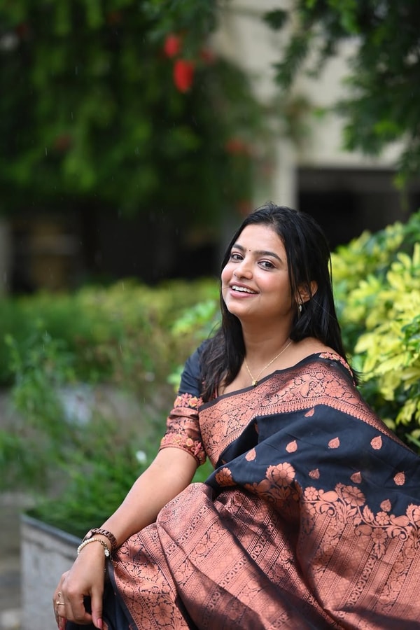 Navy Blue Banarasi Soft Silk Saree with Copper Zari Buttis and Heavy Rose-Gold Pallu  in Surat