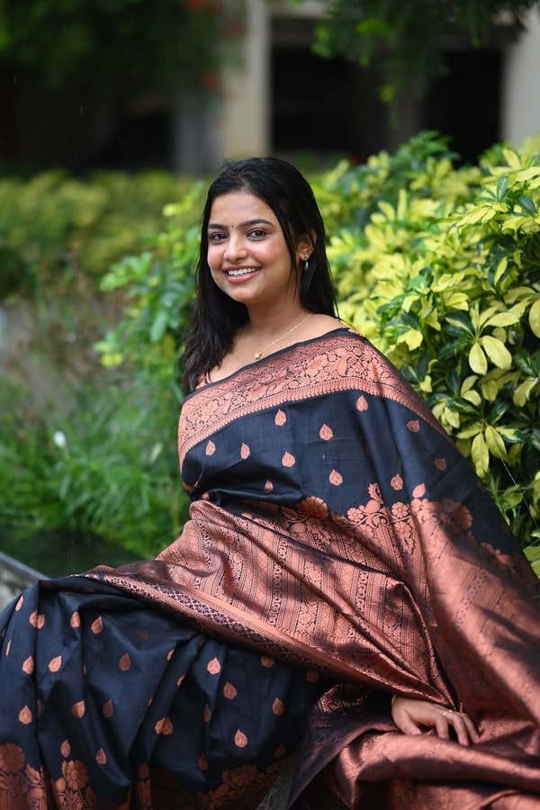 Navy Blue Banarasi Soft Silk Saree with Copper Zari Buttis and Heavy Rose-Gold Pallu  in Surat