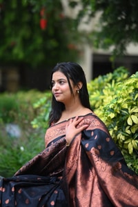 Navy Blue Banarasi Soft Silk Saree with Copper Zari Buttis and Heavy Rose-Gold Pallu  in Surat