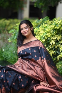 Navy Blue Banarasi Soft Silk Saree with Copper Zari Buttis and Heavy Rose-Gold Pallu  in Surat
