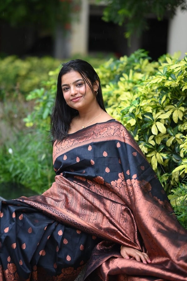 Navy Blue Banarasi Soft Silk Saree with Copper Zari Buttis and Heavy Rose-Gold Pallu  in Surat