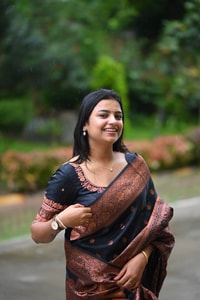 Navy Blue Banarasi Soft Silk Saree with Copper Zari Buttis and Heavy Rose-Gold Pallu  in Surat