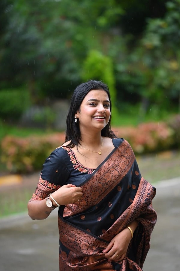 Navy Blue Banarasi Soft Silk Saree with Copper Zari Buttis and Heavy Rose-Gold Pallu  in Surat