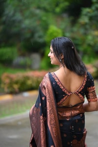 Navy Blue Banarasi Soft Silk Saree with Copper Zari Buttis and Heavy Rose-Gold Pallu  in Surat