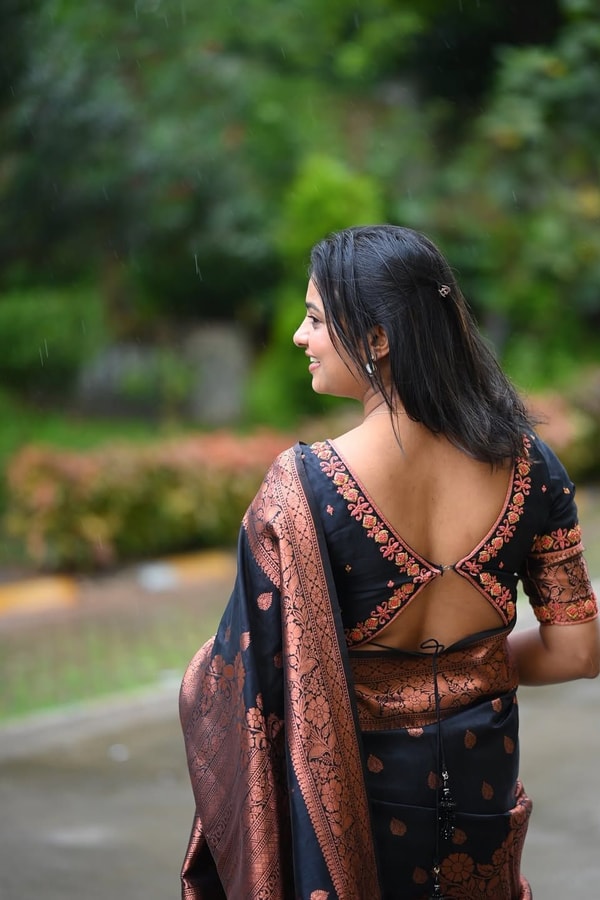 Navy Blue Banarasi Soft Silk Saree with Copper Zari Buttis and Heavy Rose-Gold Pallu  in Surat