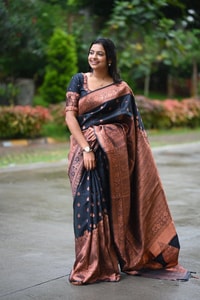Navy Blue Banarasi Soft Silk Saree with Copper Zari Buttis and Heavy Rose-Gold Pallu  in Surat