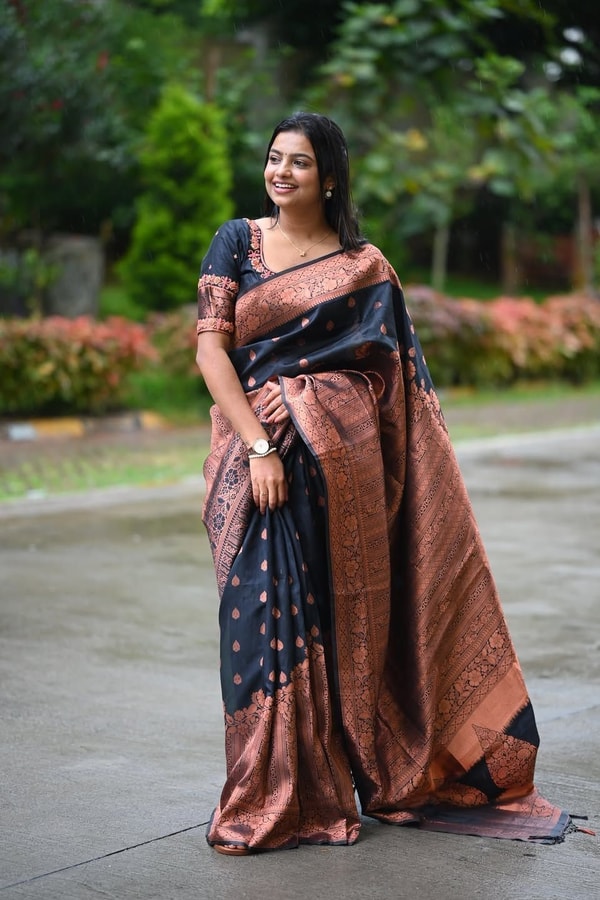 Navy Blue Banarasi Soft Silk Saree with Copper Zari Buttis and Heavy Rose-Gold Pallu  in Surat