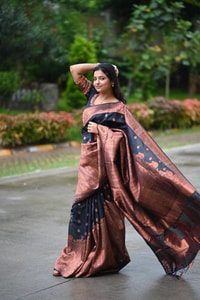 Navy Blue Banarasi Soft Silk Saree with Copper Zari Buttis and Heavy Rose-Gold Pallu  in Surat
