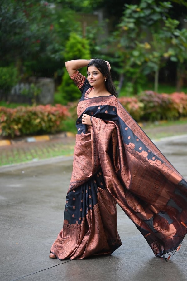 Navy Blue Banarasi Soft Silk Saree with Copper Zari Buttis and Heavy Rose-Gold Pallu  in Surat