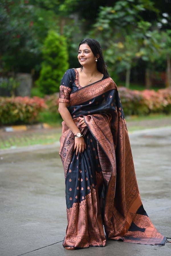Navy Blue Banarasi Soft Silk Saree with Copper Zari Buttis and Heavy Rose-Gold Pallu  in Surat