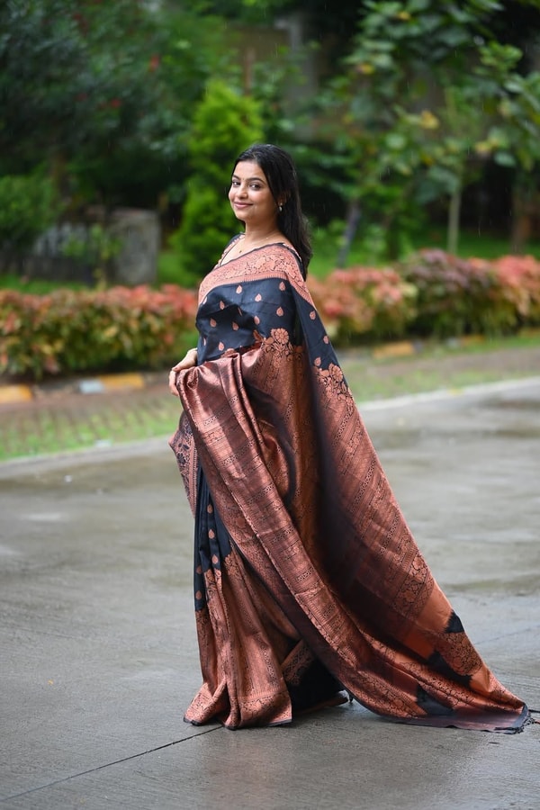 Navy Blue Banarasi Soft Silk Saree with Copper Zari Buttis and Heavy Rose-Gold Pallu  in Surat