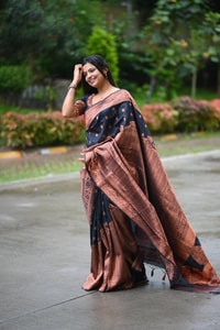 Navy Blue Banarasi Soft Silk Saree with Copper Zari Buttis and Heavy Rose-Gold Pallu  in Surat