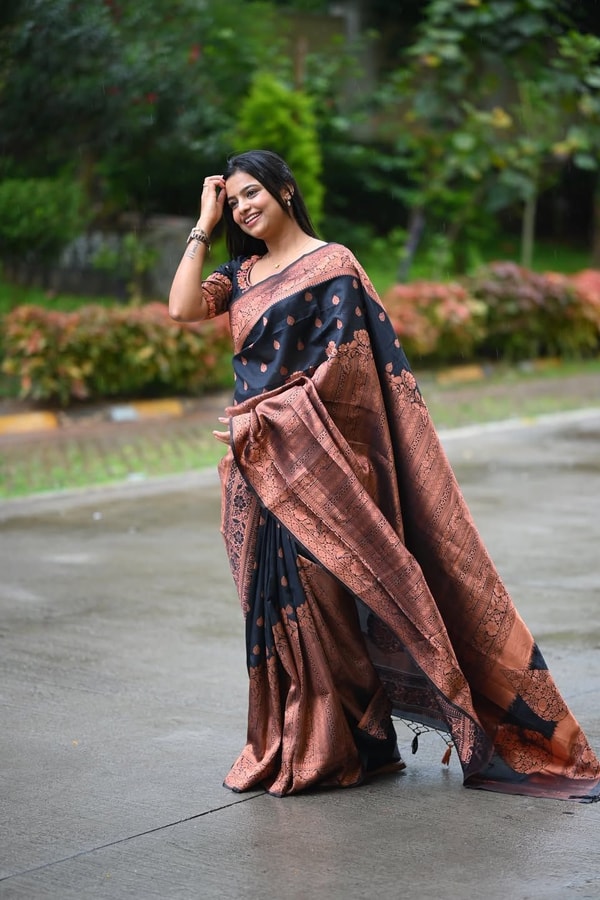 Navy Blue Banarasi Soft Silk Saree with Copper Zari Buttis and Heavy Rose-Gold Pallu  in Surat