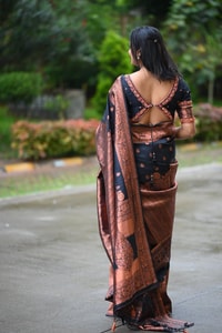 Navy Blue Banarasi Soft Silk Saree with Copper Zari Buttis and Heavy Rose-Gold Pallu  in Surat
