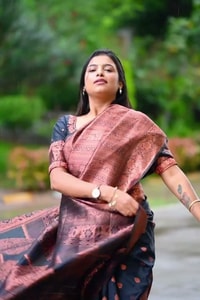 Navy Blue Banarasi Soft Silk Saree with Copper Zari Buttis and Heavy Rose-Gold Pallu  in Surat video 1