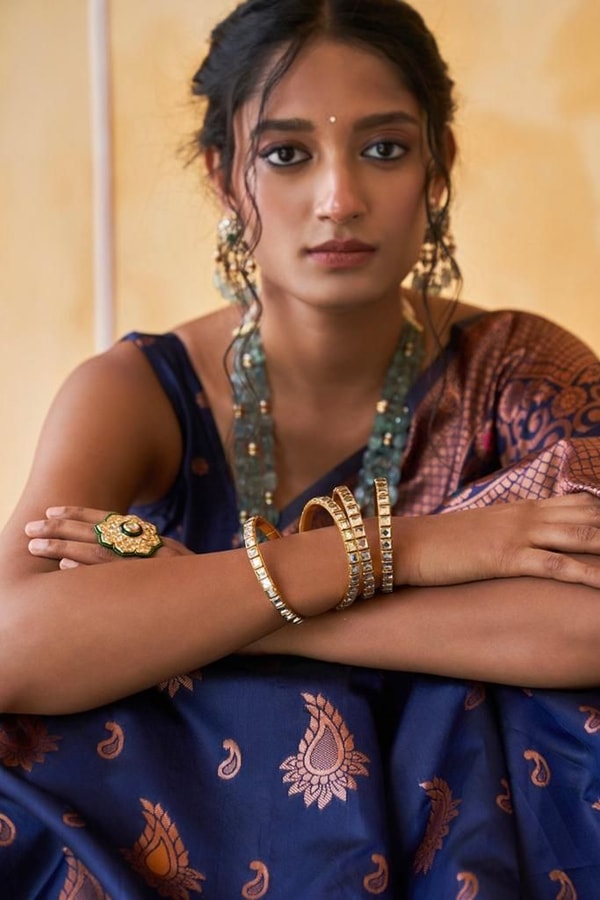 Navy Blue Banarasi Soft Silk Saree with Copper Zari Floral Weave and Rich Woven Pallu  in Surat