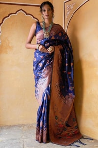 Navy Blue Banarasi Soft Silk Saree with Copper Zari Floral Weave and Rich Woven Pallu  in Surat