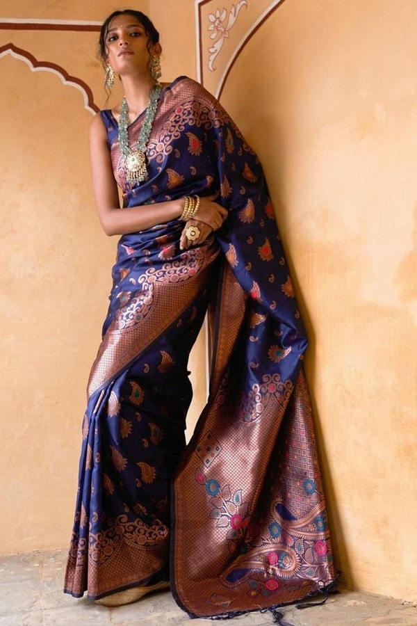 Navy Blue Banarasi Soft Silk Saree with Copper Zari Floral Weave and Rich Woven Pallu  in Surat