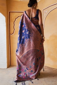 Navy Blue Banarasi Soft Silk Saree with Copper Zari Floral Weave and Rich Woven Pallu  in Surat