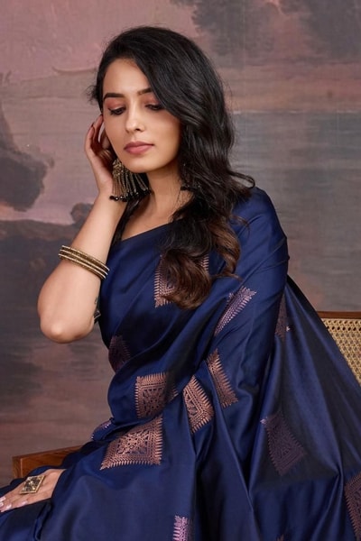 Navy Blue Banarasi Soft Silk Saree with Copper Zari Square Buttis and Peacock Teal Pallu in Surat