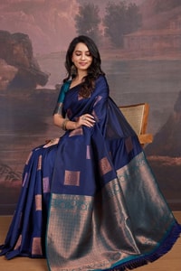 Navy Blue Banarasi Soft Silk Saree with Copper Zari Square Buttis and Peacock Teal Pallu  in Surat
