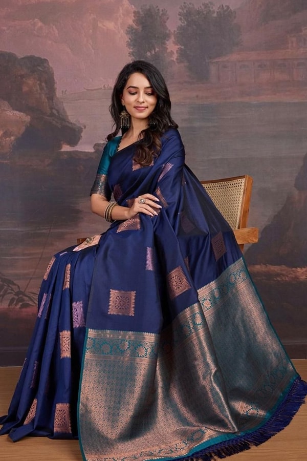 Navy Blue Banarasi Soft Silk Saree with Copper Zari Square Buttis and Peacock Teal Pallu  in Surat