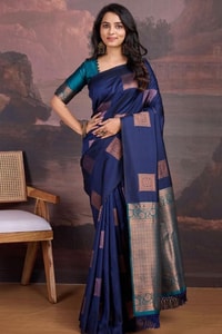 Navy Blue Banarasi Soft Silk Saree with Copper Zari Square Buttis and Peacock Teal Pallu  in Surat