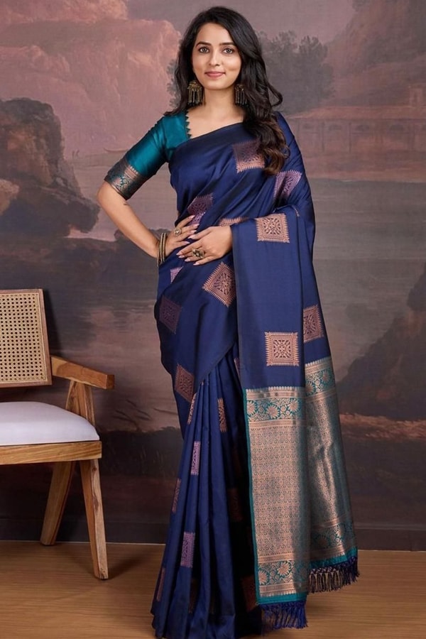 Navy Blue Banarasi Soft Silk Saree with Copper Zari Square Buttis and Peacock Teal Pallu  in Surat
