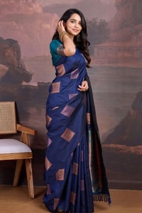 Navy Blue Banarasi Soft Silk Saree with Copper Zari Square Buttis and Peacock Teal Pallu  in Surat