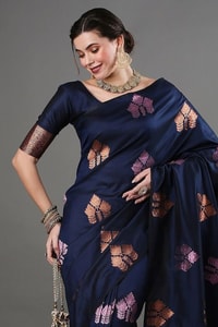 Navy Blue Banarasi Soft Silk Saree with Copper and Pink Zari Floral Buttas  in Surat