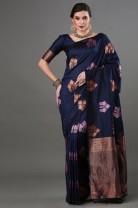 Navy Blue Banarasi Soft Silk Saree with Copper and Pink Zari Floral Buttas  in Surat
