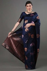 Navy Blue Banarasi Soft Silk Saree with Copper and Pink Zari Floral Buttas  in Surat