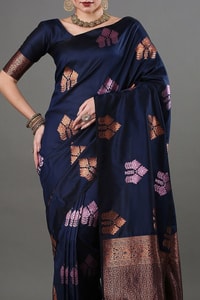 Navy Blue Banarasi Soft Silk Saree with Copper and Pink Zari Floral Buttas  in Surat