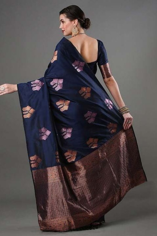 Navy Blue Banarasi Soft Silk Saree with Copper and Pink Zari Floral Buttas  in Surat