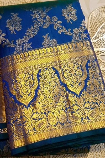 Navy Blue Banarasi Soft Silk Saree with Gold Zari Floral Jaal and Teal Contrast Edge in Surat