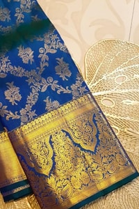 Navy Blue Banarasi Soft Silk Saree with Gold Zari Floral Jaal and Teal Contrast Edge  in Surat